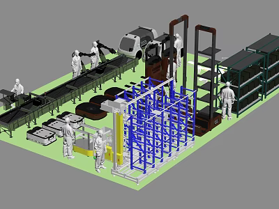 Smart Industrial Park With Automated Production Line Robots Workers And Storage Racks 3d model