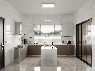 Bright Modern Kitchen Interior Design With White Island Wooden Cabinets And Marble Walls 3d model
