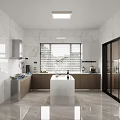 Bright Modern Kitchen Interior Design With White Island Wooden Cabinets And Marble Walls