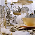 Elegant Gold and White Dinnerware Set with Pumpkin Decor Tiered Stand and Feather Table Setting 3d model