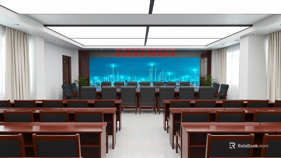 Modern Conference Room Interior Design With Large LED Screen Meeting Tables And Chairs 3d model 