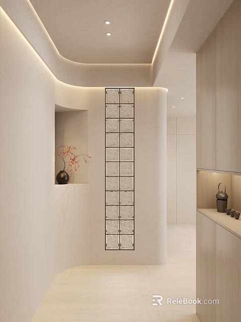 Modern Entryway Hallway Design With Glass Block Partition Decorative Vase And Wooden Cabinets 3d model 