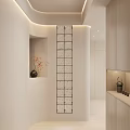 Modern Entryway Hallway Design With Glass Block Partition Decorative Vase And Wooden Cabinets