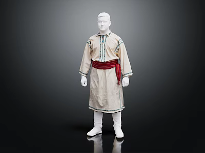 Traditional Beige Ethnic Robe with Blue Trim Red Sash and White Boots 3d model