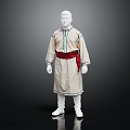 Traditional Beige Ethnic Robe with Blue Trim Red Sash and White Boots