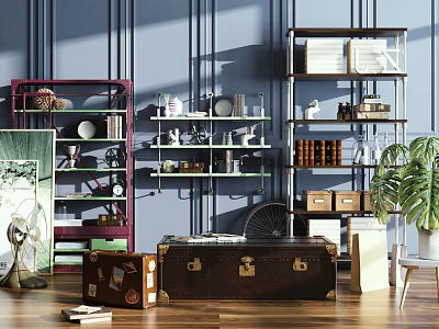 Multi Colored Bookshelves Against Blue Wall With Books Decorative Items Vintage Suitcases And Green Plant 3d model