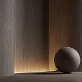 Minimalist Reception Background Wall With Wooden Texture Warm Lighting And Decorative Sphere