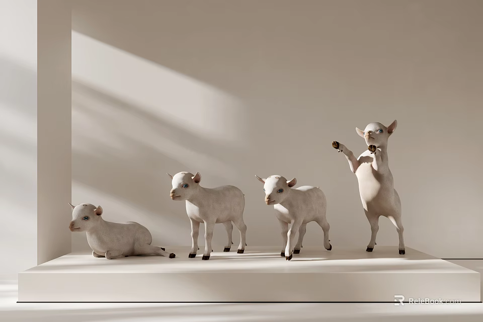 Four Lamb Figurine Set with Various Poses for Minimalist White Shelf Home Decor 3d model 