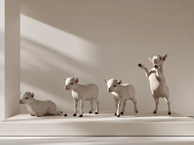 Four Lamb Figurine Set with Various Poses for Minimalist White Shelf Home Decor 3d model