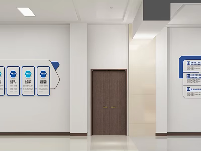 Contemporary Lounge Area Interior With White Walls Wooden Doors And Blue Info Panels 3d model