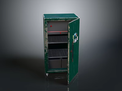 Vintage Green Metal Storage Cabinet With Open Door And Multiple Grid Shelves 3d model