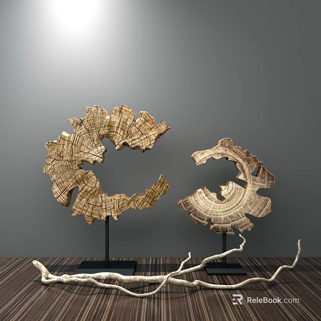 Decorative Wooden Circular Ornament Set With Tree Ring Texture And Black Stands 3d model 