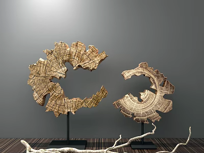 Decorative Wooden Circular Ornament Set With Tree Ring Texture And Black Stands 3d model