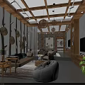 Cozy Hotel Guest Room With Wooden Ceiling Rattan Pendant Lights And Green Plants