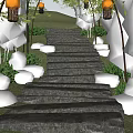 Scenic Park Landscape with Stone Steps Bamboo Trees Hanging Lanterns and Green Plants