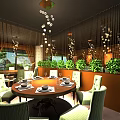 Elegant Restaurant Interior With Wooden Wall Decor Frames Dining Table Green Chairs And Pendant Lights