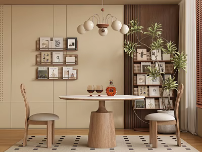 Modern Restaurant Interior With Wooden Table Pendant Lights Artwork And Green Plants 3d model