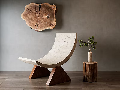 Leisure Chair With Curved Concrete Surface Triangular Wooden Legs And Stump Table With Green Plant 3d model