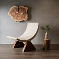 Leisure Chair With Curved Concrete Surface Triangular Wooden Legs And Stump Table With Green Plant