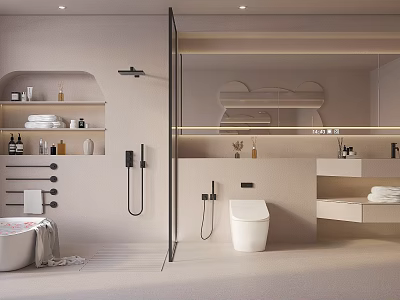 Modern Minimalist Bathroom Interior With Bathtub Toilet Shower And Wall Shelves 3d model