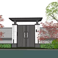 Traditional Chinese Entrance Gate Design With Overhanging Roof Red Maple Trees And Pond Reflection