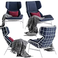 Blue And Gray Lounge Chairs With Ottoman Striped Blanket And Red Cushion