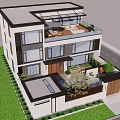 Modern Two Story Detached Villa With Large Windows Roof Terrace Courtyard Greenery And Driveway