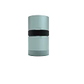 Silver Cylindrical Container With Red White Striped Logo And Metallic Finish