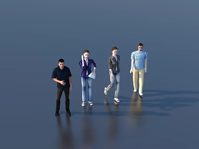 Group of Four People Standing Walking with Different Poses on Gray Background 3d model