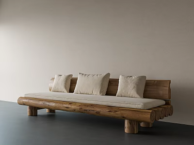 Wooden Double Sofa with Light Cushions Three Pillows and Log Legs 3d model