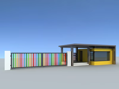 Modern Building Exterior With Yellow Walls And Colorful Vertical Striped Fence Under Blue Sky 3d model