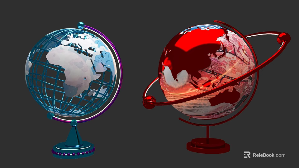 Blue And Red Decorative Globes With Metallic Stands And Ornamental Rings 3d model 
