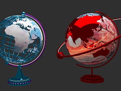 Blue And Red Decorative Globes With Metallic Stands And Ornamental Rings 3d model