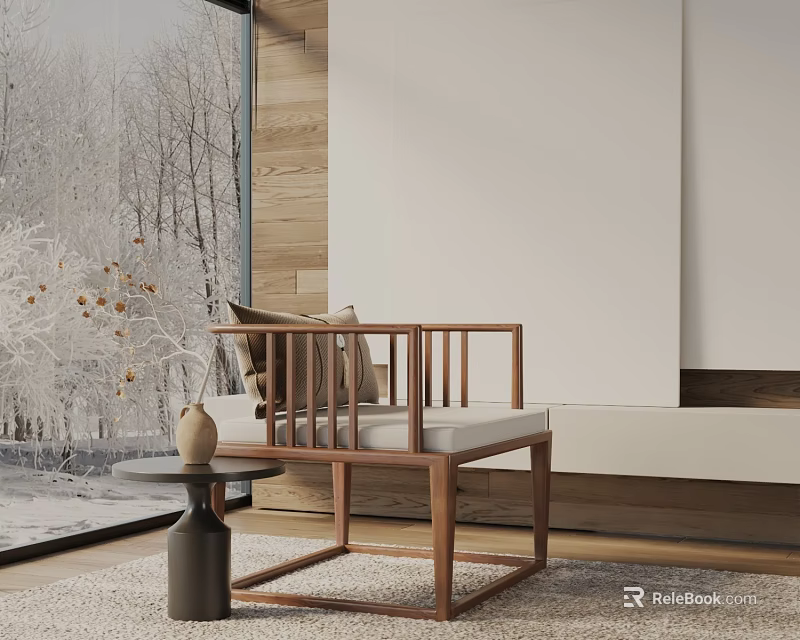 Minimalist Accent Chair With Wooden Frame And Cozy Pillow By Snowy Window View 3d model 
