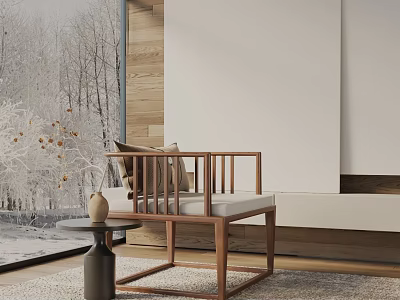 Minimalist Accent Chair With Wooden Frame And Cozy Pillow By Snowy Window View 3d model