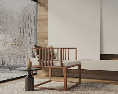 Minimalist Accent Chair With Wooden Frame And Cozy Pillow By Snowy Window View 3d model