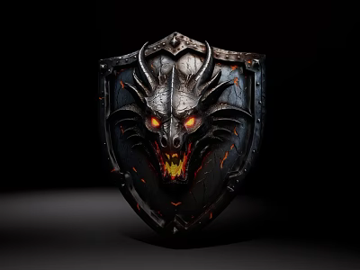 Dragon Head Shield Sculpture With Glowing Eyes Open Mouth And Flame Texture 3d model