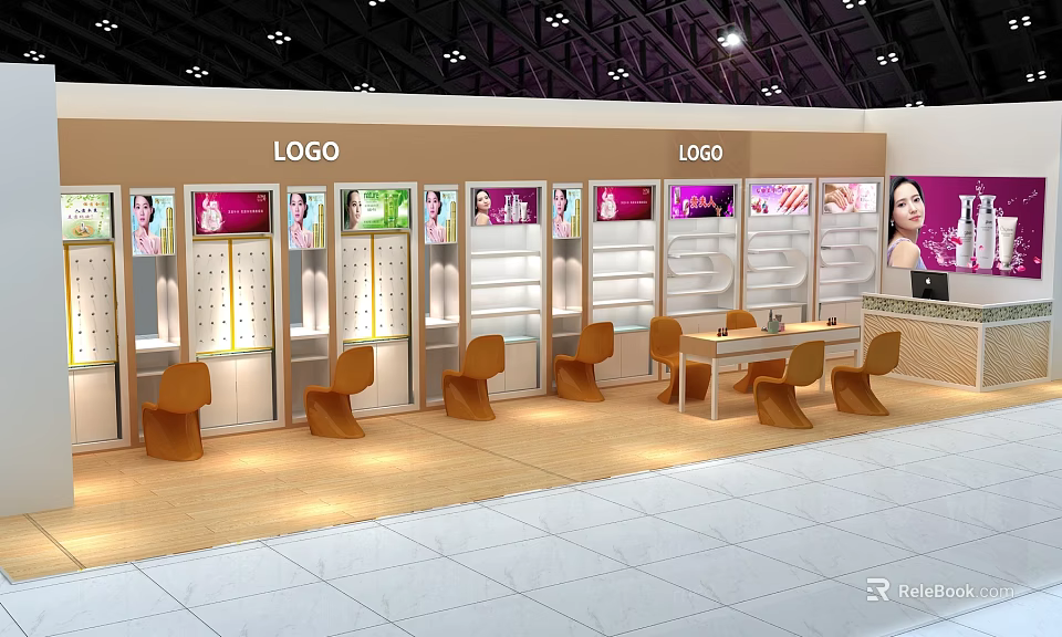 Hairdressing Beauty Exhibition Booth Interior With Display Cabinets Products And Consultation Seating Area 3d model 