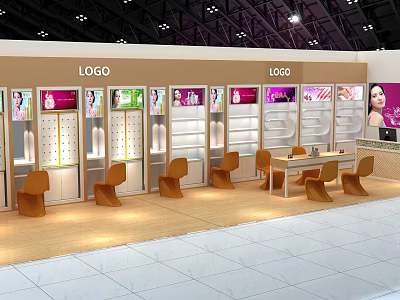 Hairdressing Beauty Exhibition Booth Interior With Display Cabinets Products And Consultation Seating Area 3d model