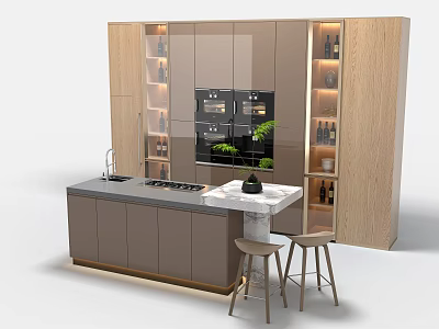 Modern Kitchen Interior With Island Countertop Wooden Cabinets And Integrated Appliances 3d model