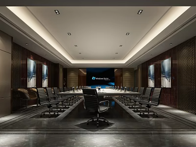 Modern Conference Room Interior With Long Table Large Screen Ceiling Lighting And Chairs 3d model