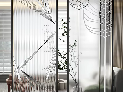 Modern Glass Room Divider with Geometric Leaf Patterns in Interior with Green Plant and Blinds 3d model