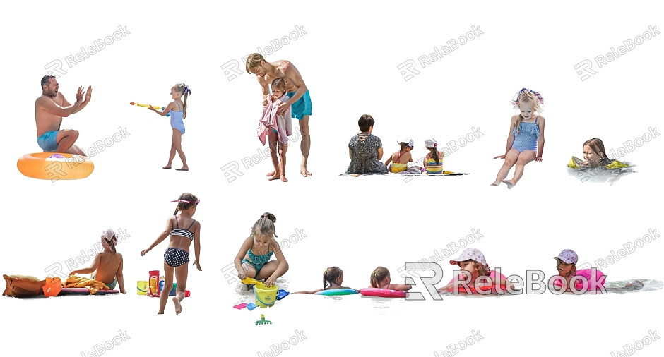 2d beach children play beach activity people model