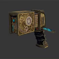 Steampunk Style Weapon With Golden Metal Casing Gears Dials And Blue Glowing Elements