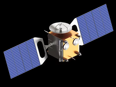Satellite With Blue Solar Panels Metallic Main Body And Space Technology Design 3d model
