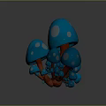 Colorful Vegetable Mushrooms with Blue Caps White Spots Orange Stems Various Sizes and Reflection