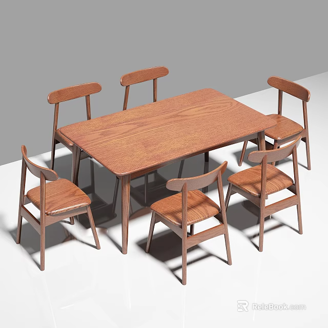 Wooden Rectangular Dining Table Set With Six Simple Design Chairs 3d model