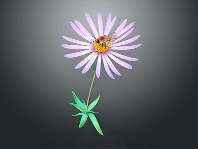 Purple Flower with Slender Petals Yellow Center and Bee on Green Stem 3d model