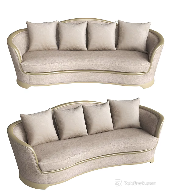 Elegant Beige Three Seater Sofa With Curved Arms And Gold Trim Cushions 3d model 