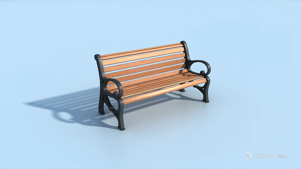 Outdoor Wooden Bench With Metal Frame And Curved Armrests For Garden Seating 3d model 